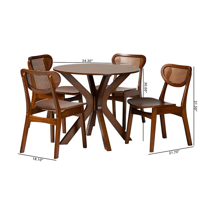 Walnut Brown Finished Wood and Woven Rattan 5-Piece Dining Set. Picture 10