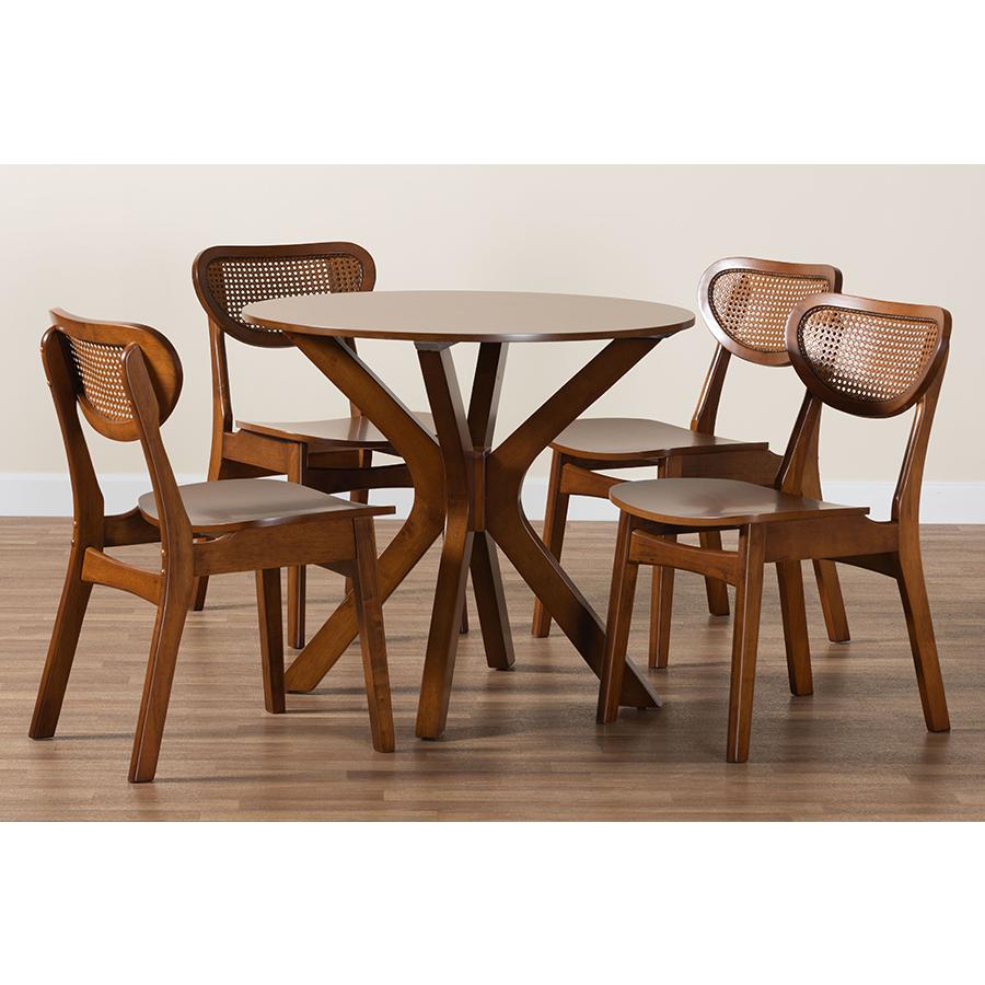 Walnut Brown Finished Wood and Woven Rattan 5-Piece Dining Set. Picture 9
