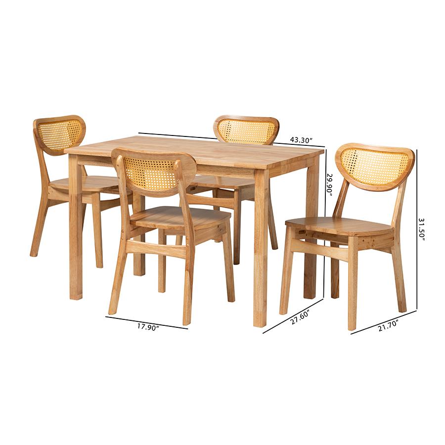 Oak Brown Finished Wood and Rattan 5-Piece Dining Set. Picture 10