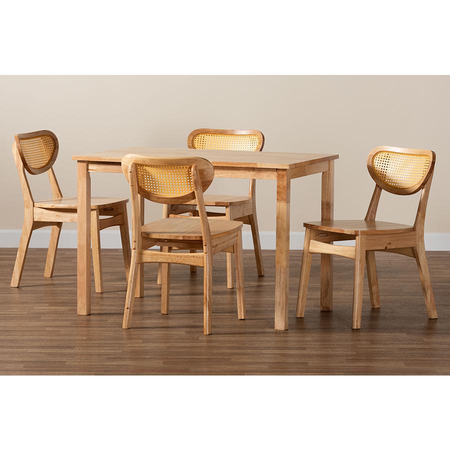 Oak Brown Finished Wood and Rattan 5-Piece Dining Set. Picture 9