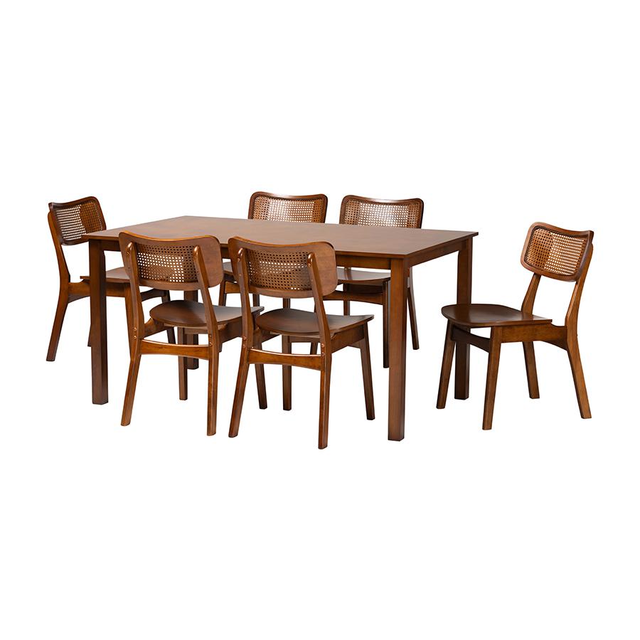 Walnut Brown Finished Wood and Rattan 7-Piece Dining Set. Picture 1