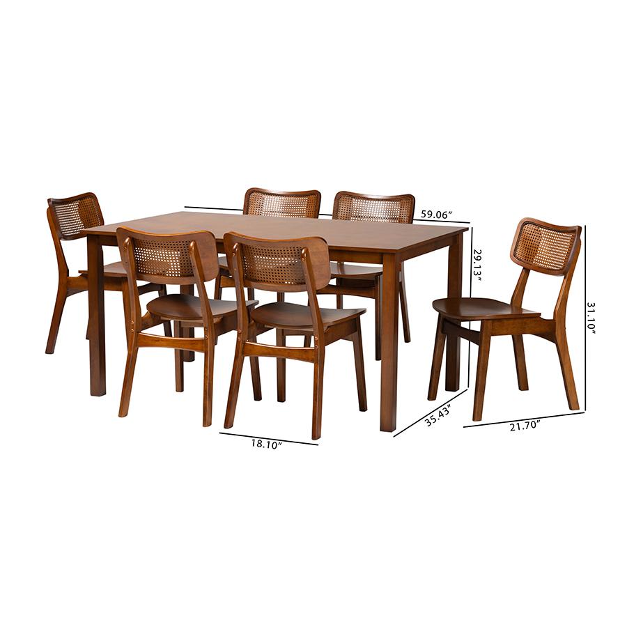 Walnut Brown Finished Wood and Rattan 7-Piece Dining Set. Picture 10