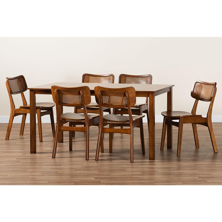 Walnut Brown Finished Wood and Rattan 7-Piece Dining Set. Picture 9