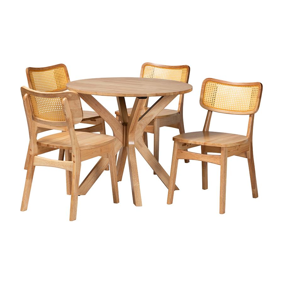 Camilo Mid-Century Modern Oak Brown Finished Wood and Rattan 5-Piece Dining Set. Picture 1
