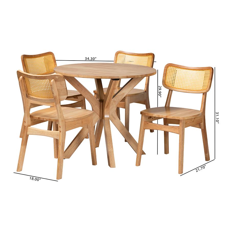 Camilo Mid-Century Modern Oak Brown Finished Wood and Rattan 5-Piece Dining Set. Picture 10