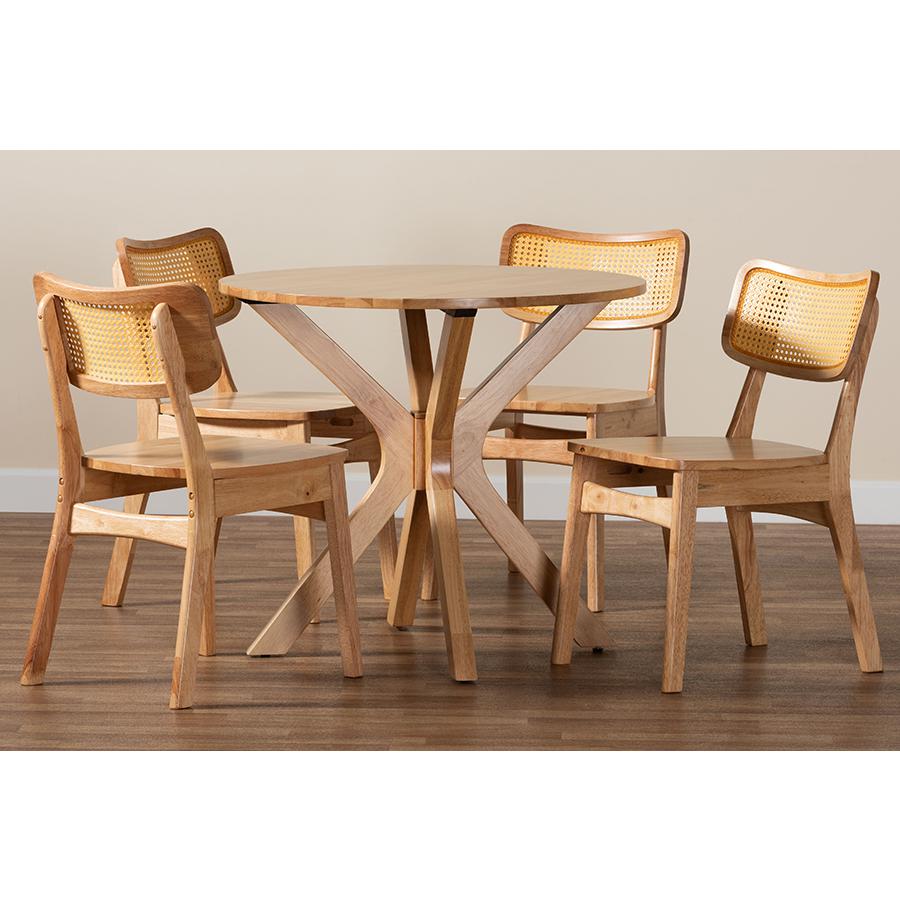 Camilo Mid-Century Modern Oak Brown Finished Wood and Rattan 5-Piece Dining Set. Picture 9