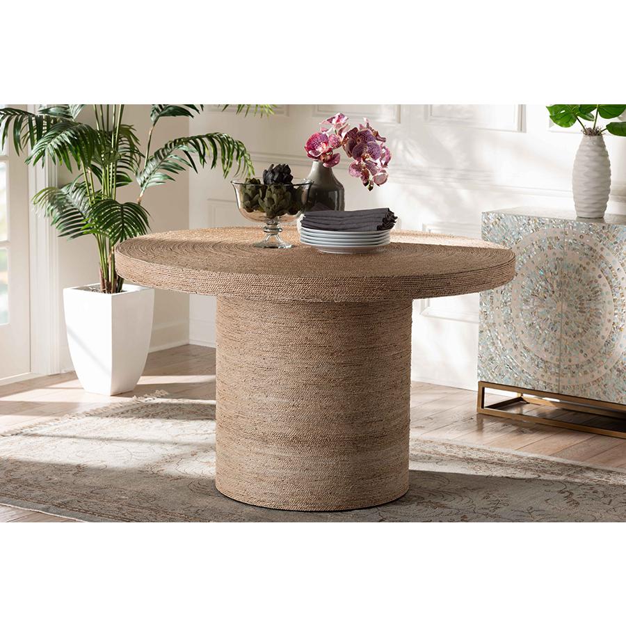 bali & pari Bistra Modern Bohemian Natural Brown Seagrass and Wood Dining Table. Picture 5