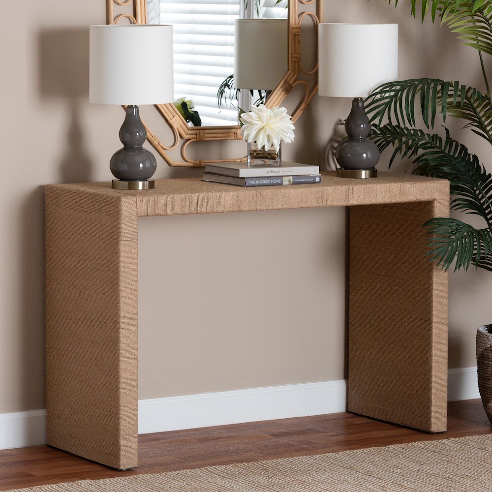 Colandra Modern Bohemian Natural Brown Jute and Wood Console Table. Picture 6