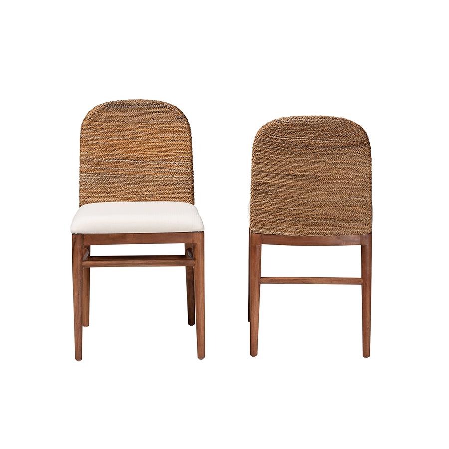Nadim Modern Bohemian Natural Seagrass and Acacia Wood 2-Piece Dining Chair Set. Picture 2