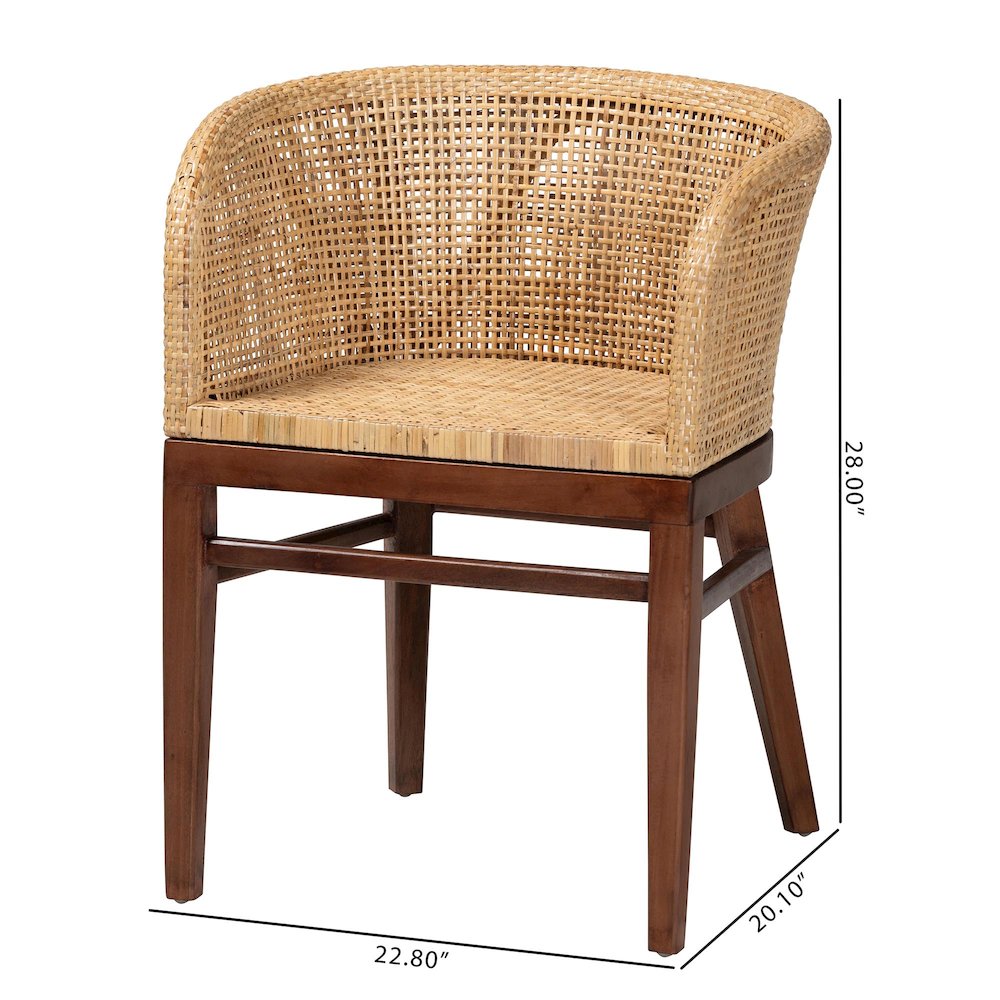Papua Modern Bohemian Natural Rattan and Walnut Brown Acacia Wood Dining Chair. Picture 10