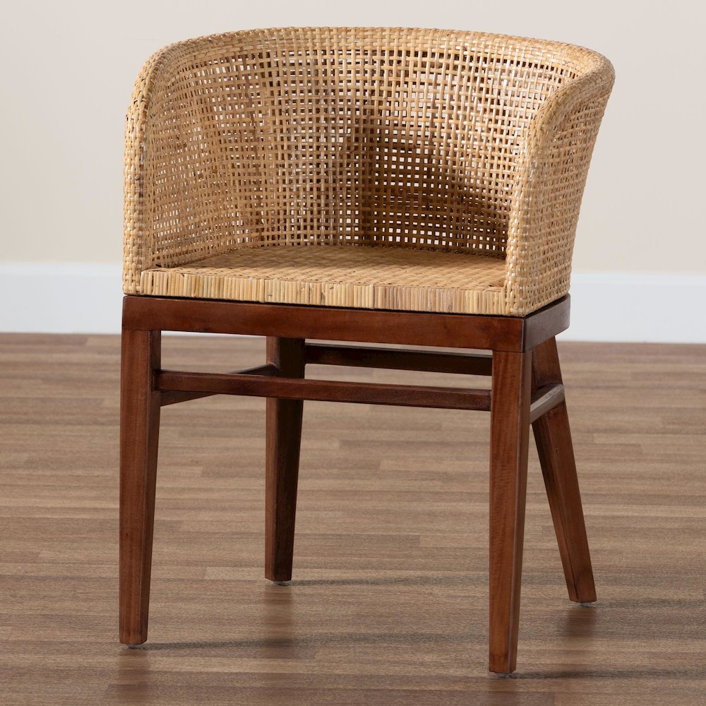 Papua Modern Bohemian Natural Rattan and Walnut Brown Acacia Wood Dining Chair. Picture 9