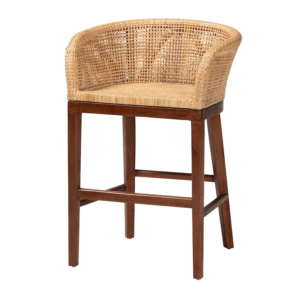 Papua Modern Bohemian Natural Rattan and Walnut Brown Acacia Wood Counter Stool. Picture 1