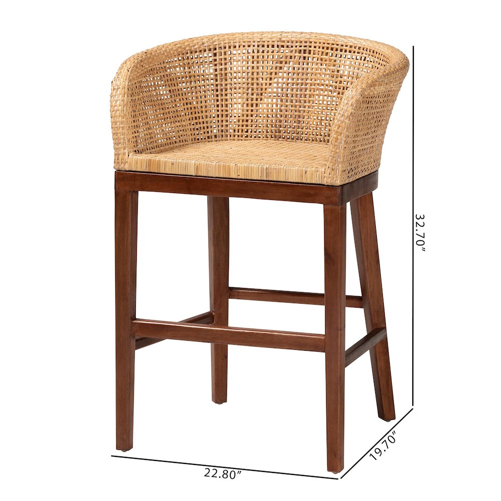 Papua Modern Bohemian Natural Rattan and Walnut Brown Acacia Wood Counter Stool. Picture 9