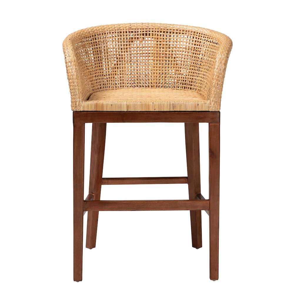 Papua Modern Bohemian Natural Rattan and Walnut Brown Acacia Wood Counter Stool. Picture 2