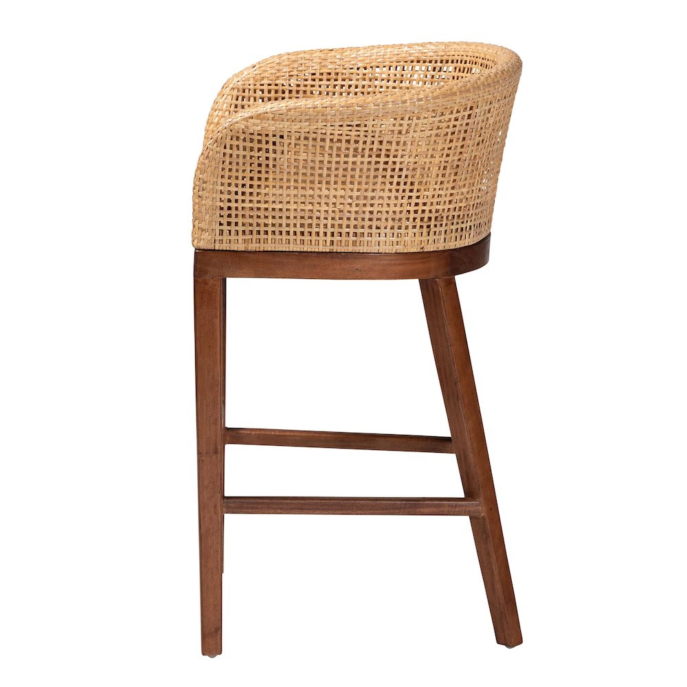 Papua Modern Bohemian Natural Rattan and Walnut Brown Acacia Wood Counter Stool. Picture 3