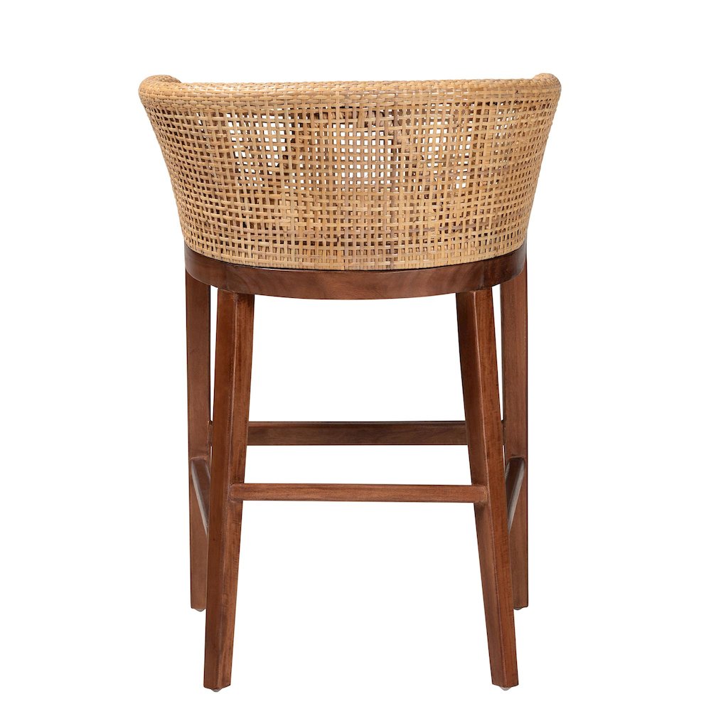 Papua Modern Bohemian Natural Rattan and Walnut Brown Acacia Wood Counter Stool. Picture 4