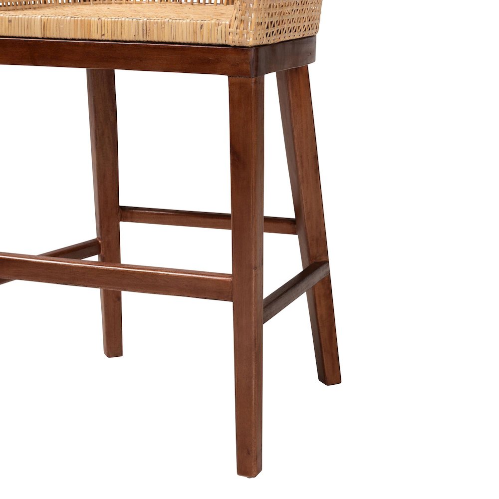 Papua Modern Bohemian Natural Rattan and Walnut Brown Acacia Wood Counter Stool. Picture 6