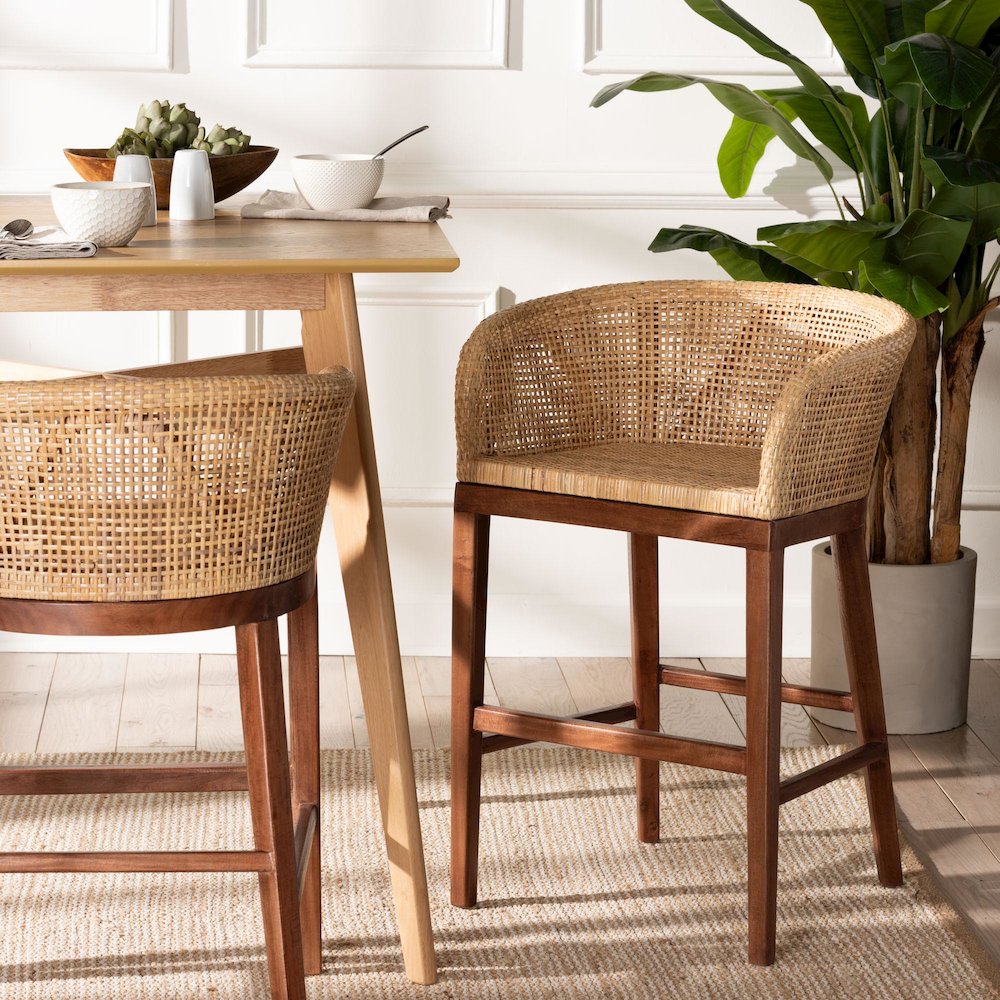 Papua Modern Bohemian Natural Rattan and Walnut Brown Acacia Wood Counter Stool. Picture 7