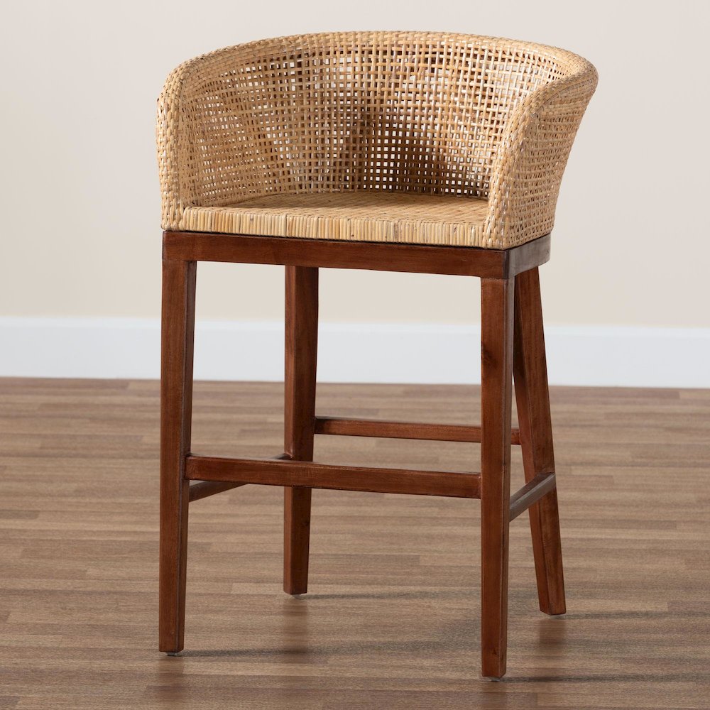 Papua Modern Bohemian Natural Rattan and Walnut Brown Acacia Wood Counter Stool. Picture 8