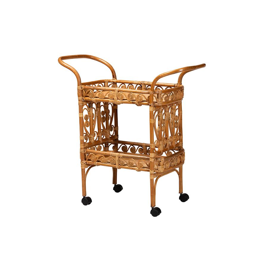 Diwata Modern Bohemian Natural Brown Rattan Kitchen Cart. Picture 1
