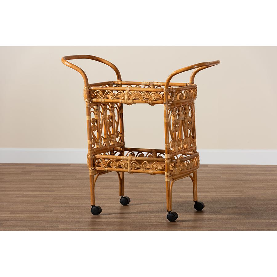 Diwata Modern Bohemian Natural Brown Rattan Kitchen Cart. Picture 8