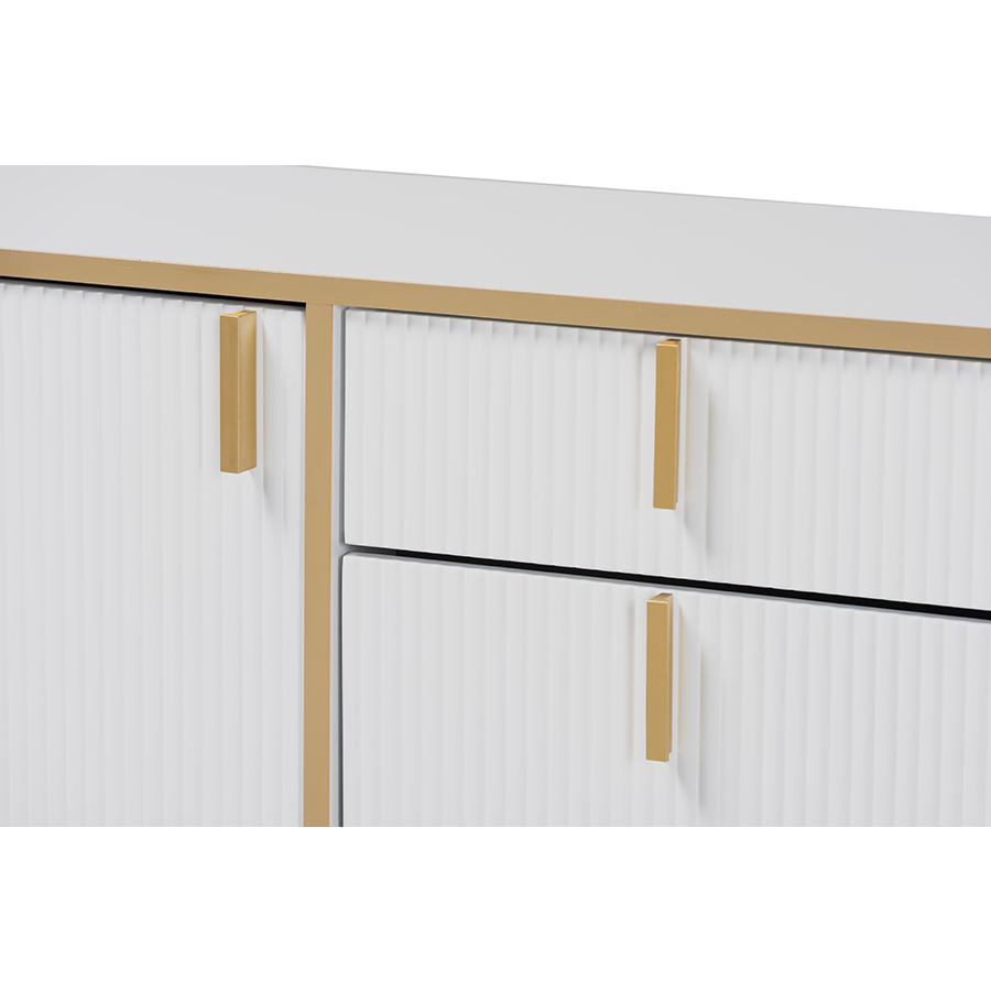 Lilac Modern Glam White Wood and Gold Metal 2-Door Shoe Cabinet. Picture 5