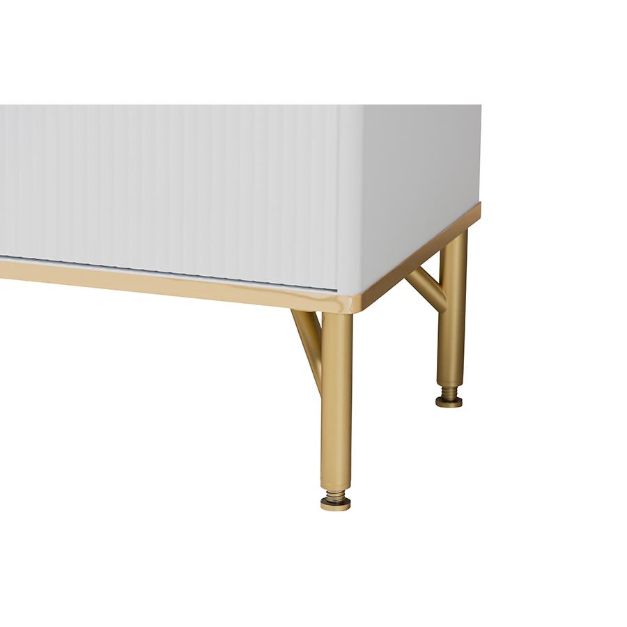 Lilac Modern Glam White Wood and Gold Metal 2-Door Shoe Cabinet. Picture 6