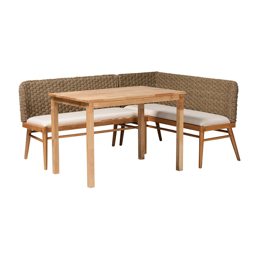 Denver Modern Bohemian Natural Seagrass and Acacia Wood 3-Piece Dining Nook Set. Picture 1