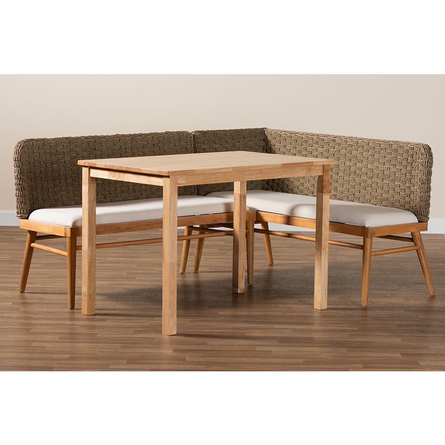 Denver Modern Bohemian Natural Seagrass and Acacia Wood 3-Piece Dining Nook Set. Picture 10