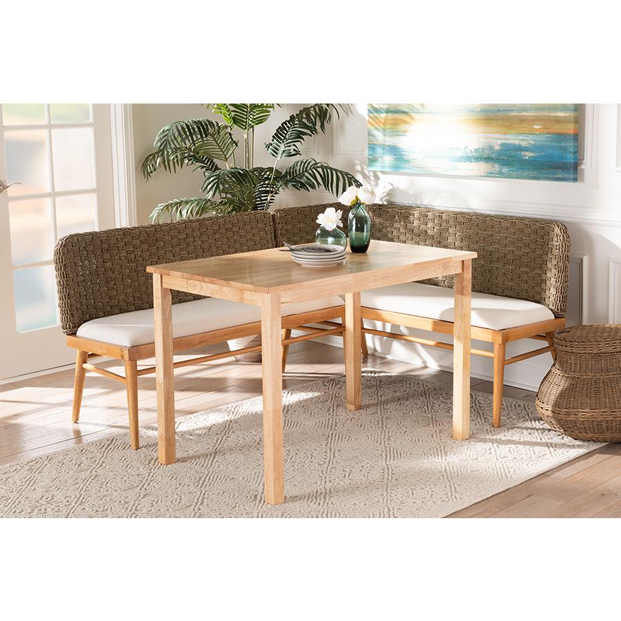 Denver Modern Bohemian Natural Seagrass and Acacia Wood 3-Piece Dining Nook Set. Picture 9