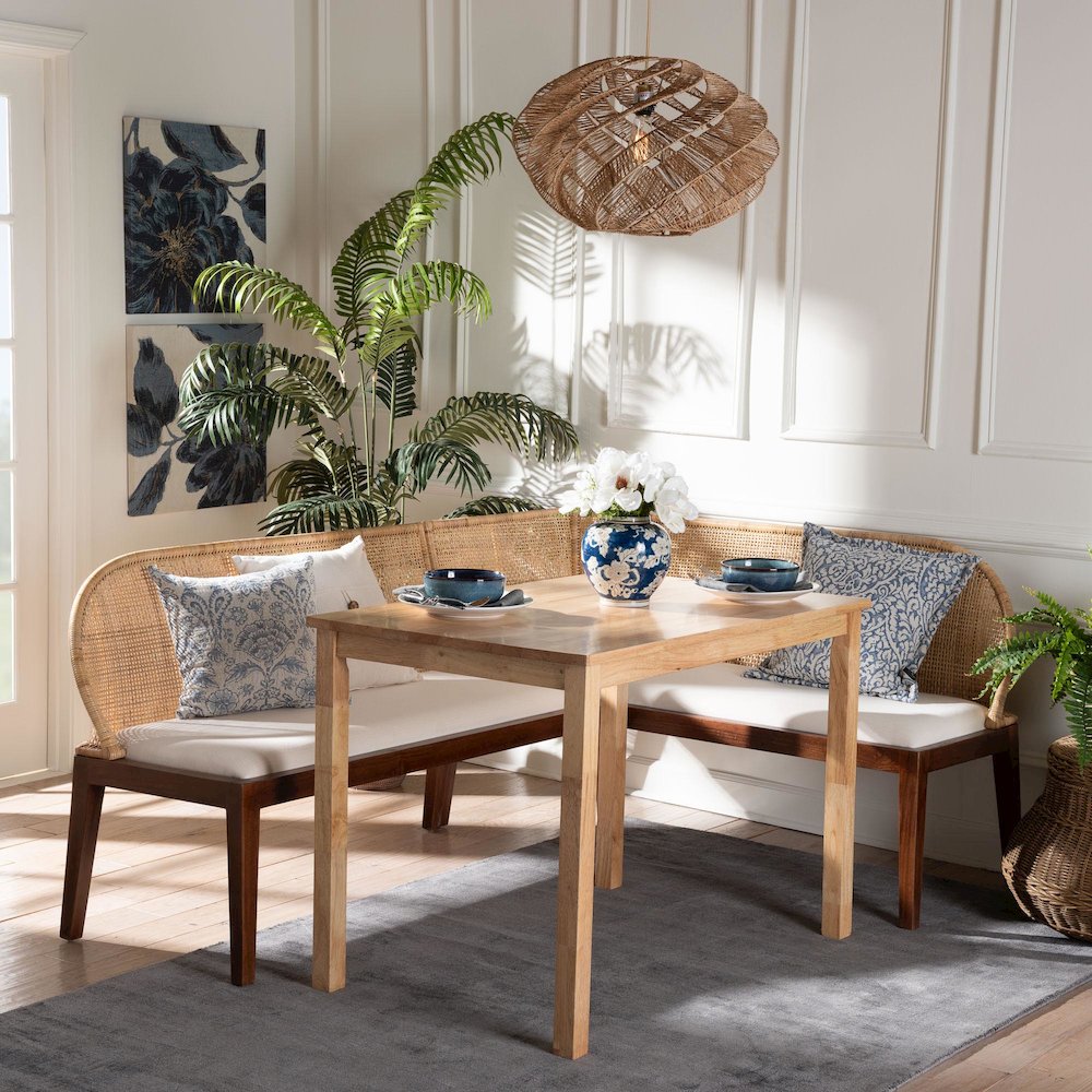Okinawa 3-Piece Dining Nook Set - L-Shaped Rattan Corner Benches. Picture 9
