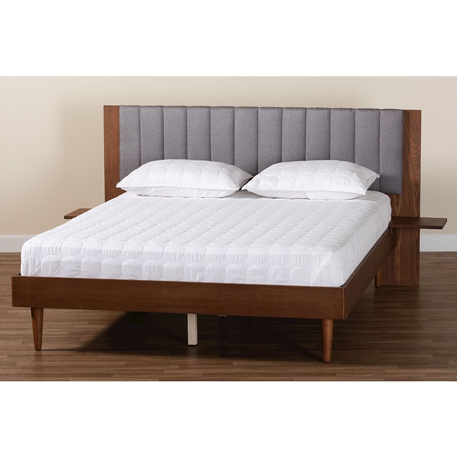 Grey Fabric and Walnut Brown Wood Queen Size Bed with Built-In Side Tables. Picture 10