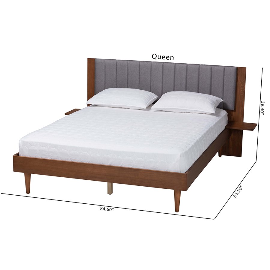 Grey Fabric and Walnut Brown Wood Queen Size Bed with Built-In Side Tables. Picture 11