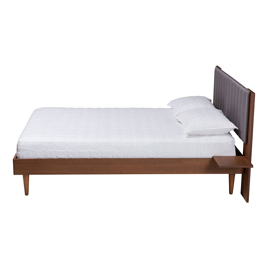 Grey Fabric and Walnut Brown Wood Queen Size Bed with Built-In Side Tables. Picture 2