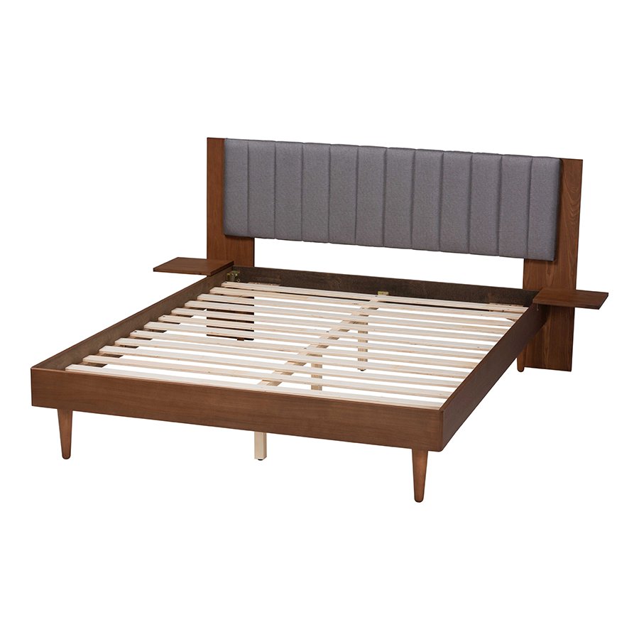Grey Fabric and Walnut Brown Wood Queen Size Bed with Built-In Side Tables. Picture 3