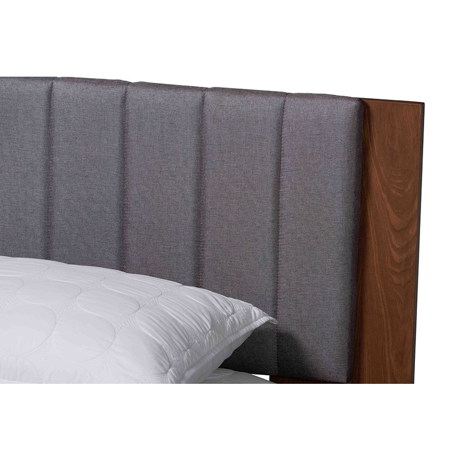 Grey Fabric and Walnut Brown Wood Queen Size Bed with Built-In Side Tables. Picture 4
