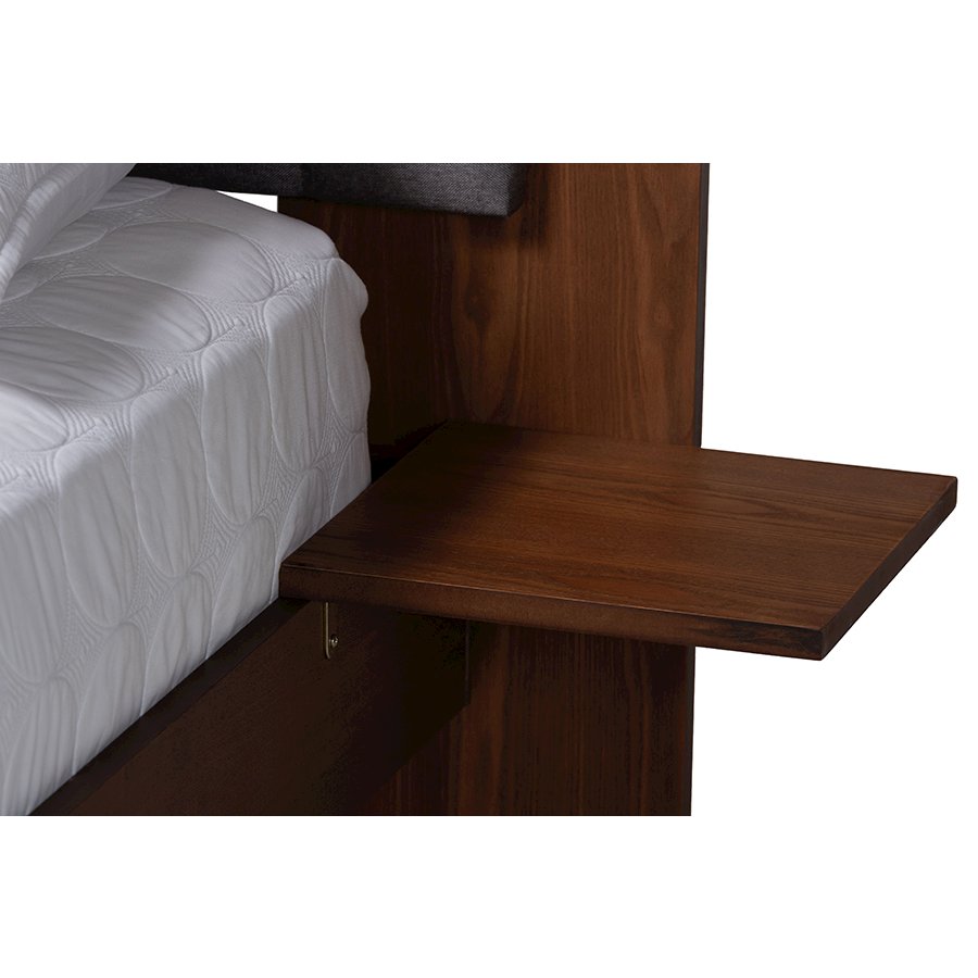 Grey Fabric and Walnut Brown Wood Queen Size Bed with Built-In Side Tables. Picture 5