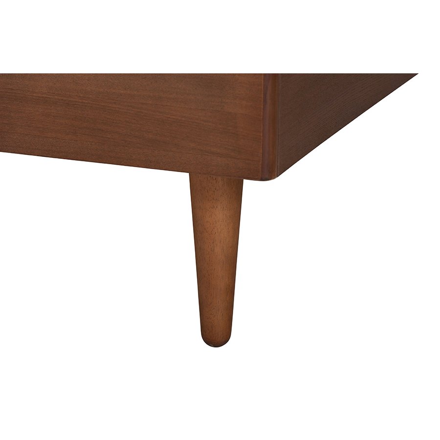 Grey Fabric and Walnut Brown Wood Queen Size Bed with Built-In Side Tables. Picture 6