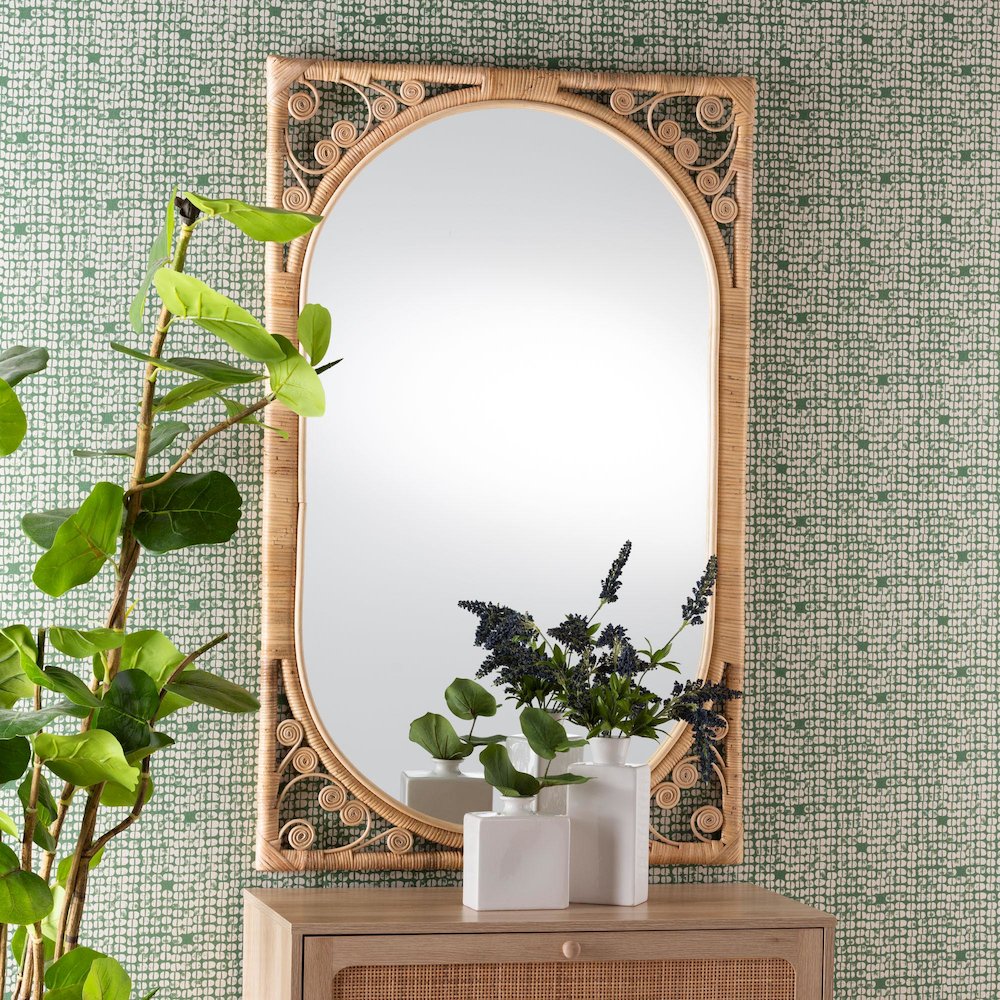 Isley Modern Bohemian Natural Brown Rattan Accent Wall Mirror. Picture 3