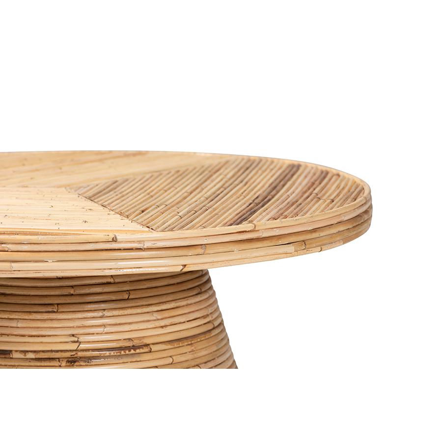Bella Modern Bohemian Natural Rattan and Mahogany Wood Coffee Table. Picture 2