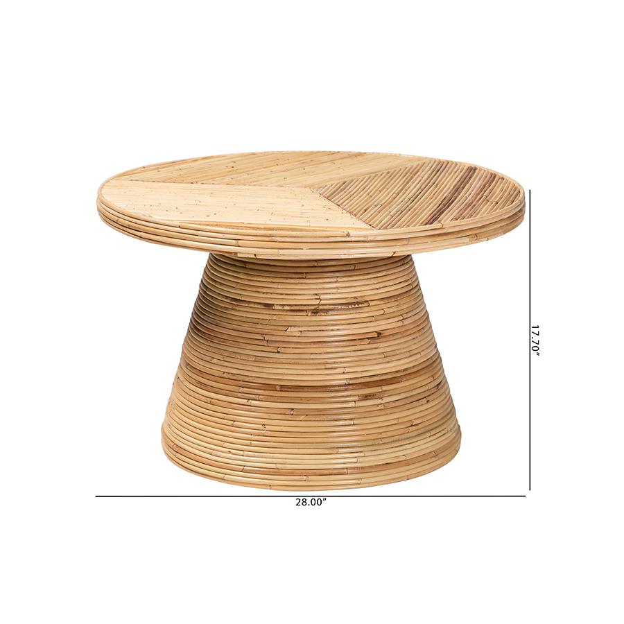Bella Modern Bohemian Natural Rattan and Mahogany Wood Coffee Table. Picture 8