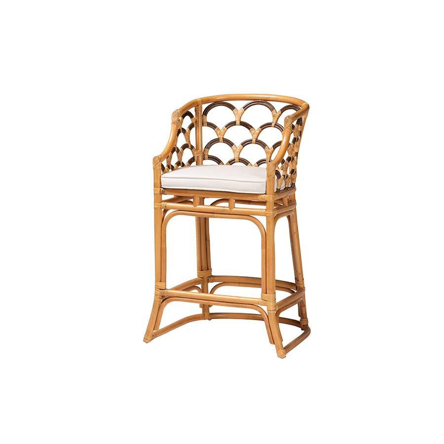 Veneto Modern Bohemian Light Honey and Dark Brown Rattan Bar Stool. Picture 1