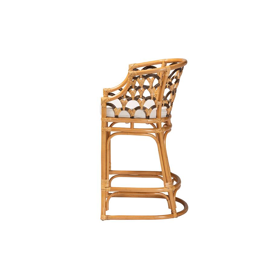 Veneto Modern Bohemian Light Honey and Dark Brown Rattan Bar Stool. Picture 3