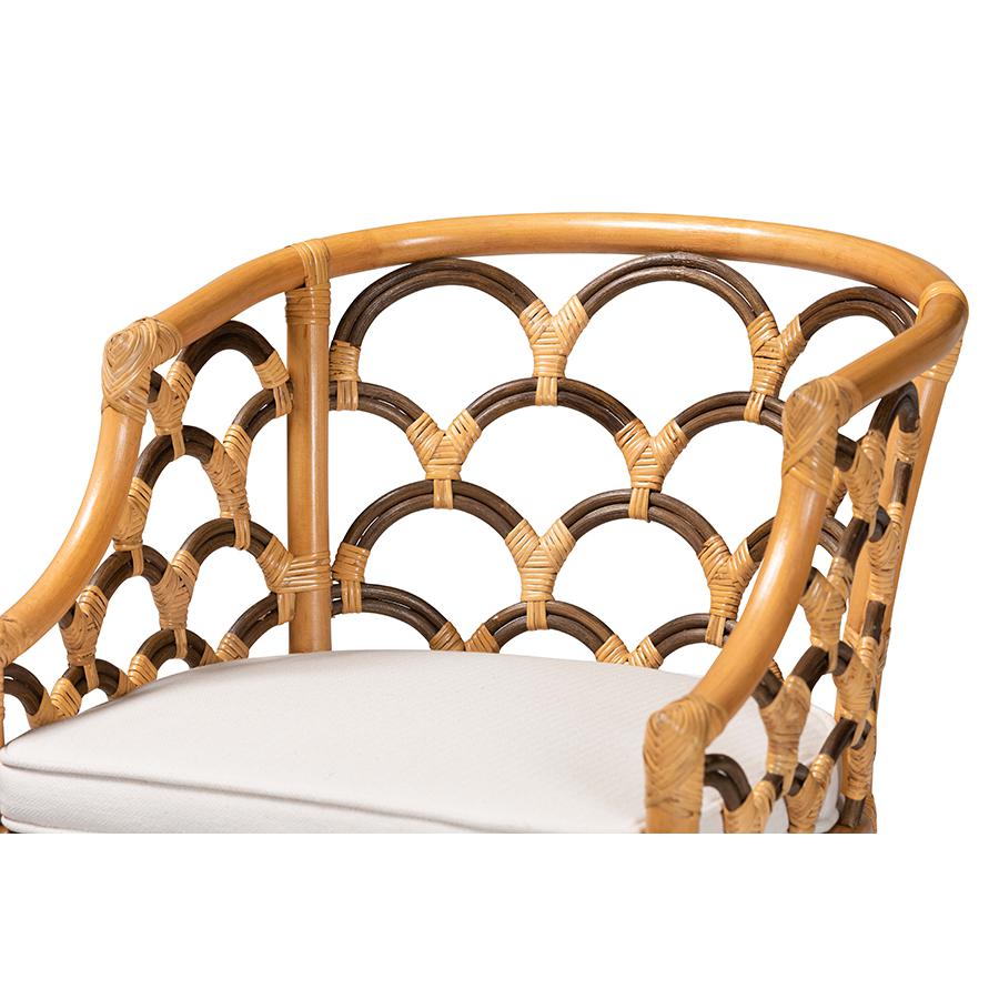 Veneto Modern Bohemian Light Honey and Dark Brown Rattan Bar Stool. Picture 5