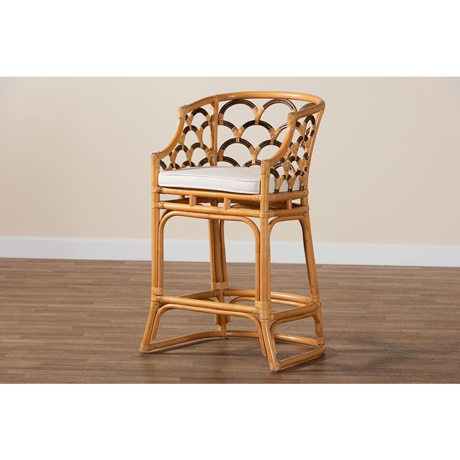 Veneto Modern Bohemian Light Honey and Dark Brown Rattan Bar Stool. Picture 9