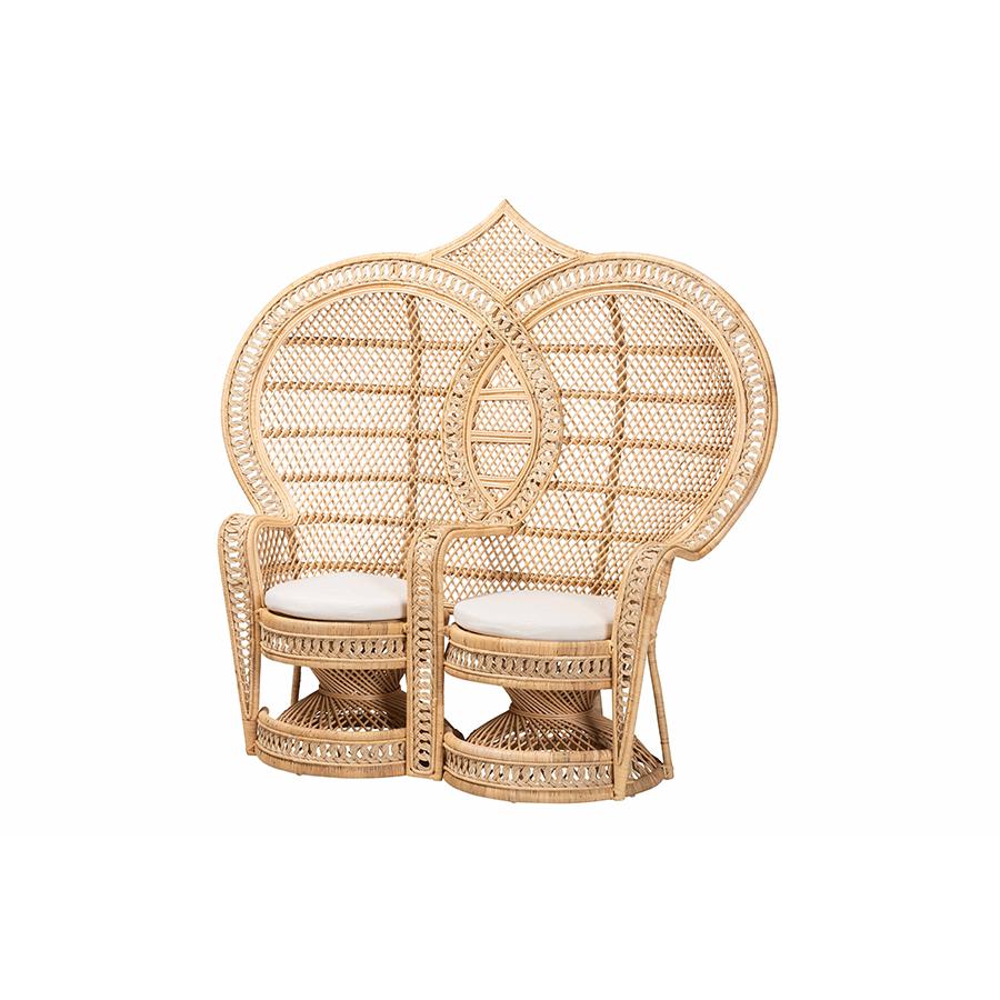 Nerita Modern Bohemian Natural Brown Rattan Two-Seater Peacock Chair. Picture 1