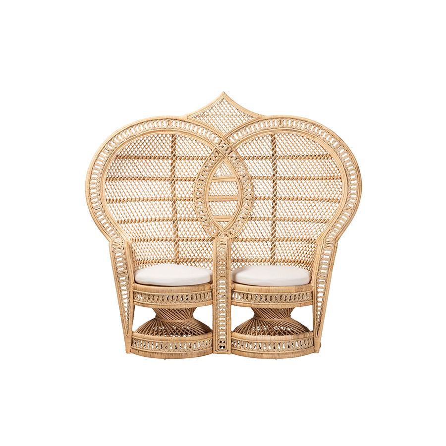 Nerita Modern Bohemian Natural Brown Rattan Two-Seater Peacock Chair. Picture 2