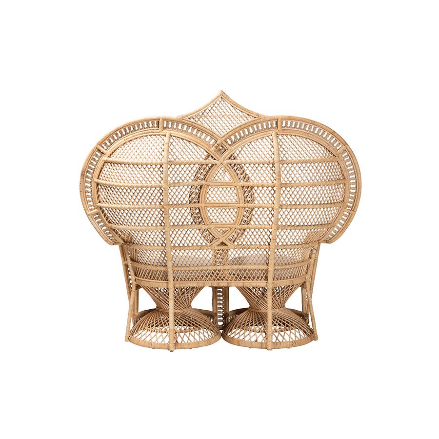 Nerita Modern Bohemian Natural Brown Rattan Two-Seater Peacock Chair. Picture 4