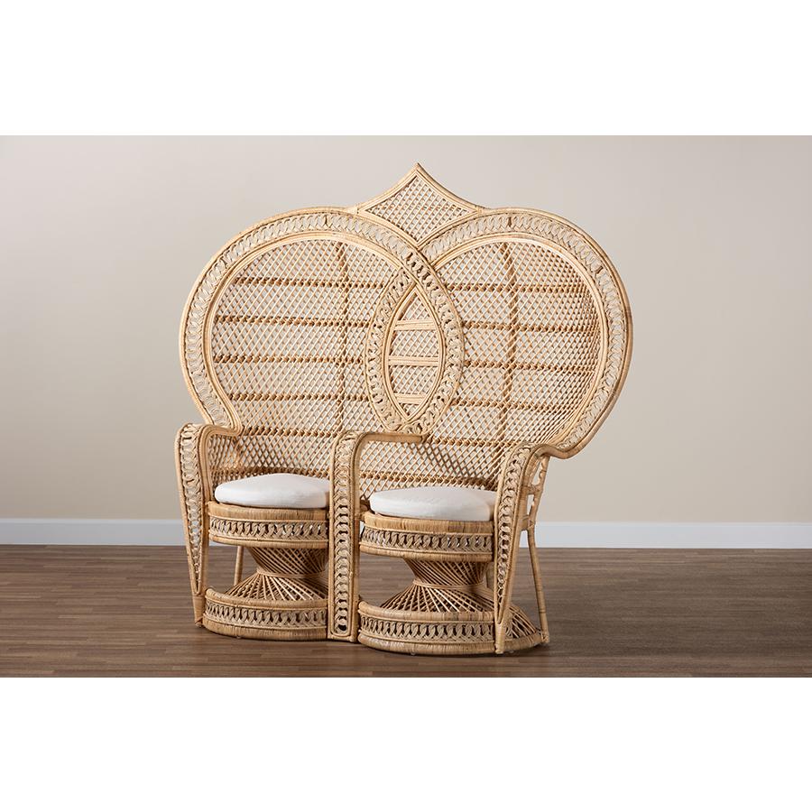 Nerita Modern Bohemian Natural Brown Rattan Two-Seater Peacock Chair. Picture 9