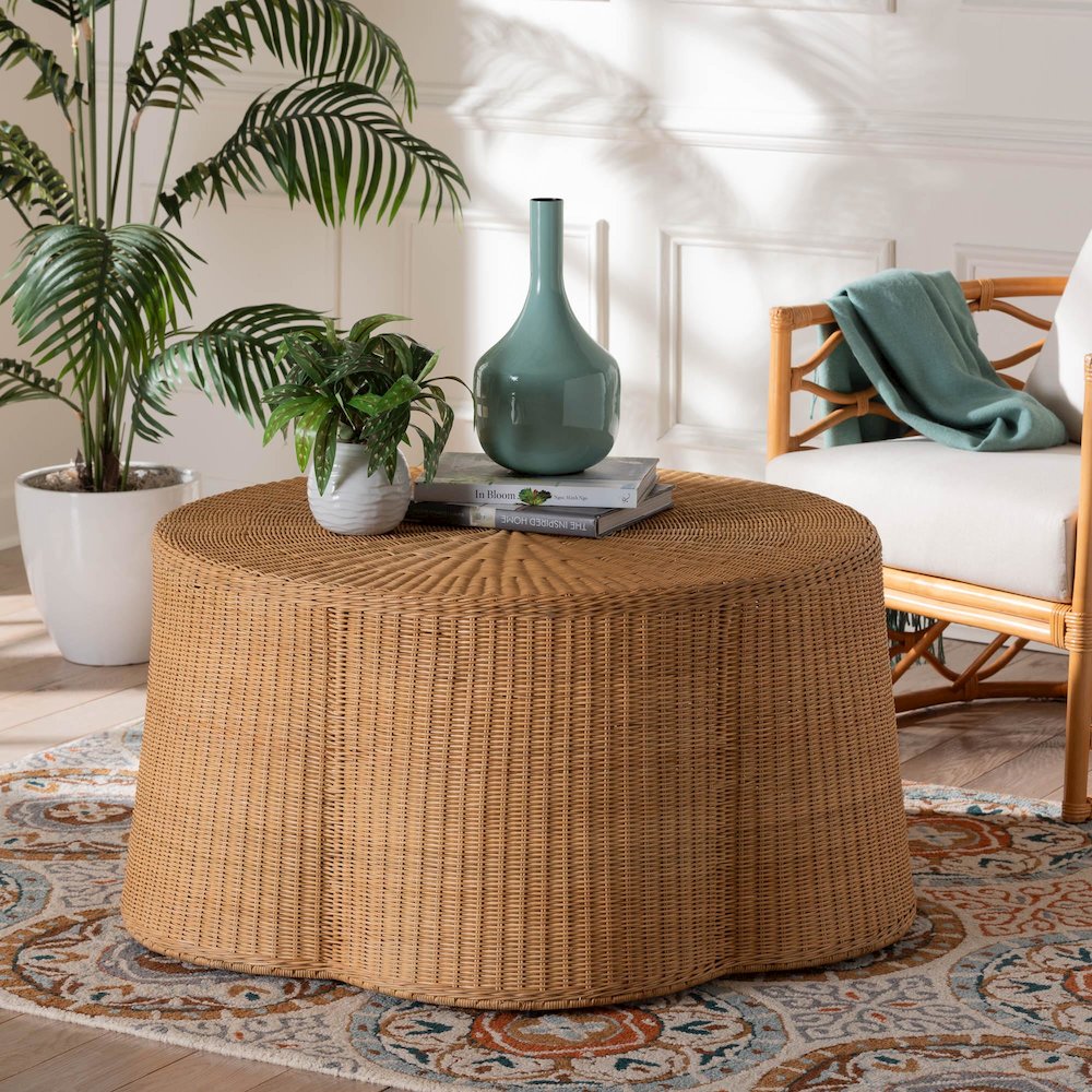 Palm Bohemian Honey Scallop Rattan Coffee Table. Picture 5